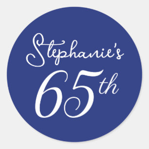 Elegant Navy Blue Monogram 65th Birthday Party Classic Round Sticker