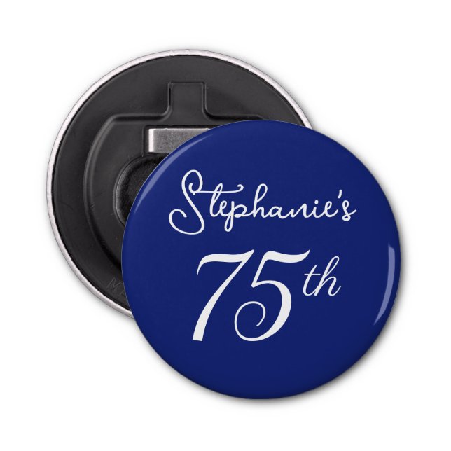 Elegant Navy Blue Monogram 75th Birthday Party Bottle Opener (Front)