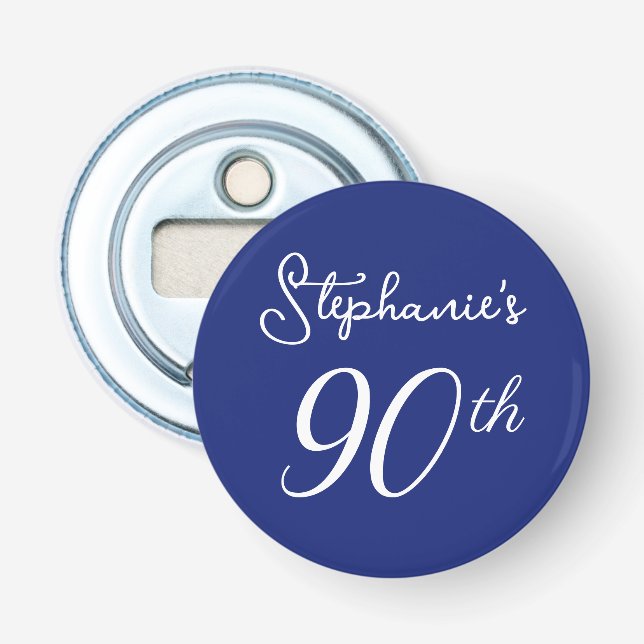Elegant Navy Blue Monogram 90th Birthday Party Bottle Opener (Front)
