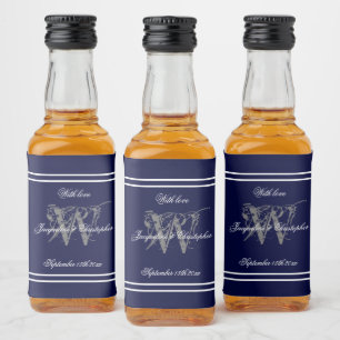 Elegant Navy Blue Monogram Chic Wedding Mini Liquor Bottle Label