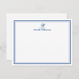 Elegant Navy Blue Monogram Double Border Flat Card
