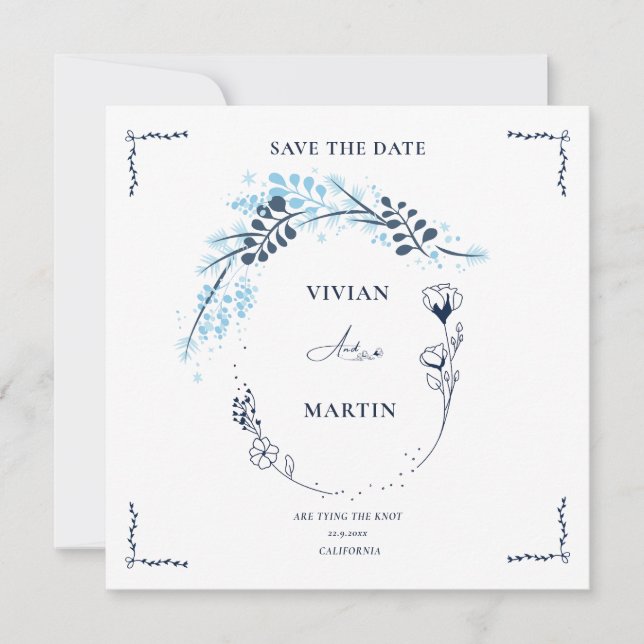 Elegant Navy Blue Monogram Floral Save The Date Invitation (Front)