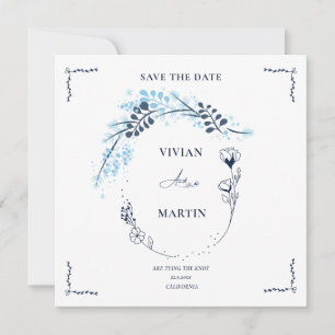 Elegant Navy Blue Monogram Floral Save The Date Invitation
