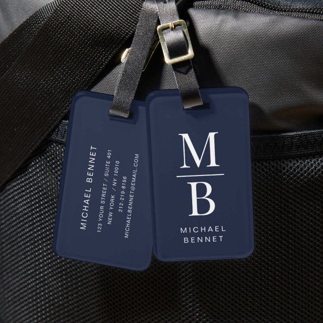 Elegant Navy Blue Monogram Luggage Tag (Elegant Navy Blue Monogram Luggage Tag)