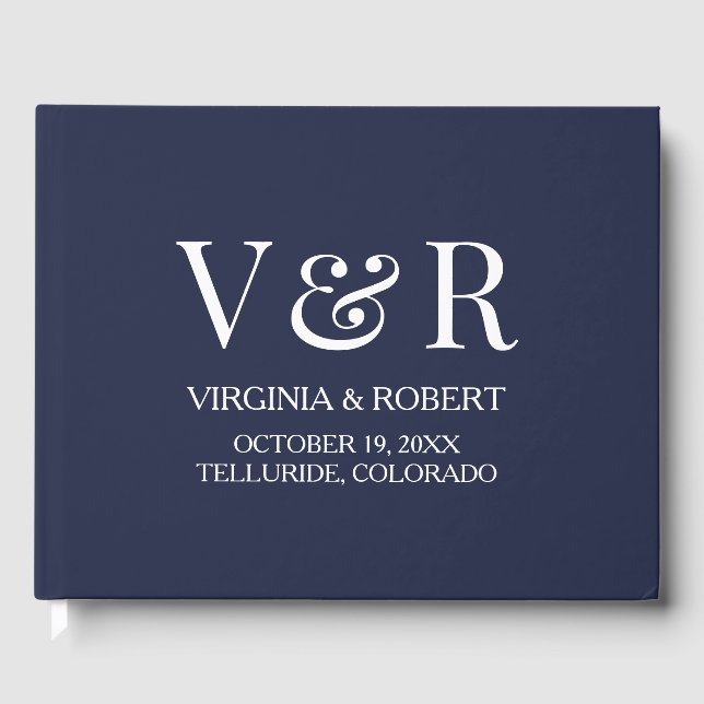 Elegant Navy Blue Monogram | Minimalist Wedding Guest Book (Front)