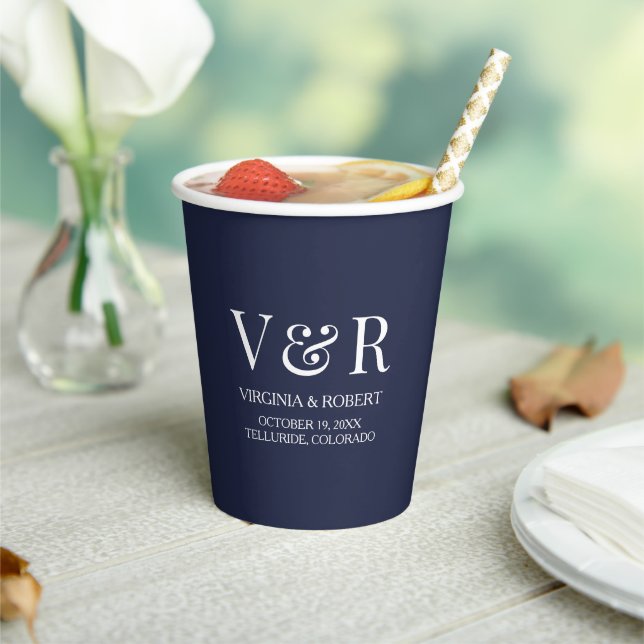 Elegant Navy Blue Monogram | Minimalist Wedding Paper Cups (Insitu)