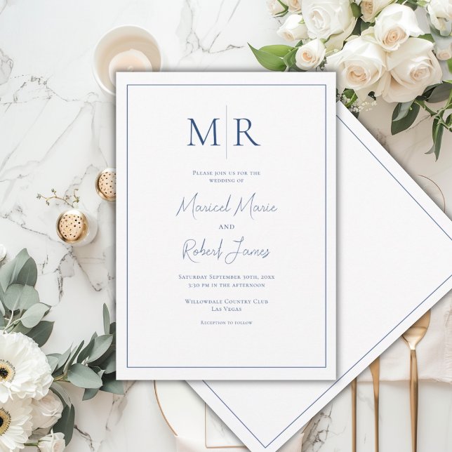 Elegant Navy Blue Monogram Modern Wedding Invitation (Creator Uploaded)