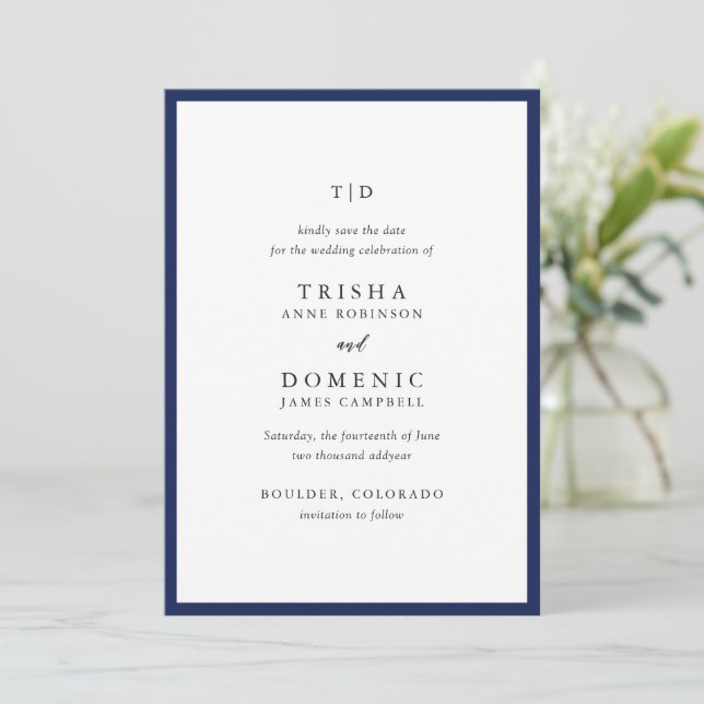 Elegant Navy Blue Monogram Modern Wedding Save The Date (Standing Front)