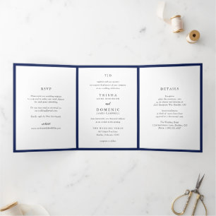 Elegant Navy Blue Monogram Modern Wedding Tri-Fold Invitation