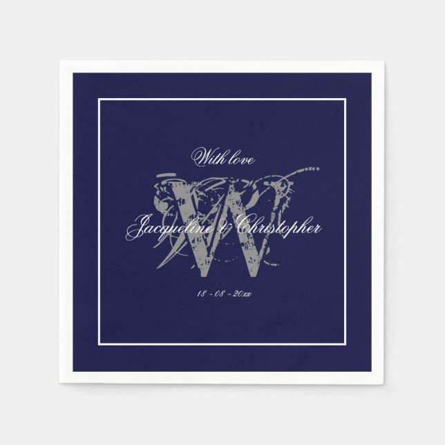 Elegant Navy Blue Monogram Names Classic Wedding Napkin (Front)