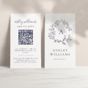 Elegant Navy Blue Monogram QR Code Floral Crest Business Card