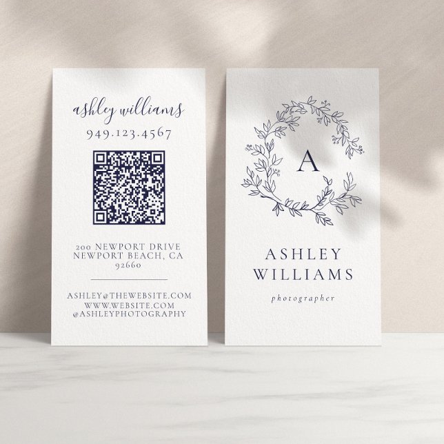 Elegant Navy Blue Monogram QR Code Floral Crest  Business Card (Creator Uploaded)