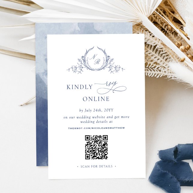 Elegant Navy Blue Monogram RSVP Online QR Code  Enclosure Card (Creator Uploaded)