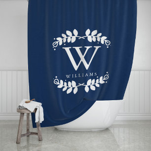 Elegant Navy Blue Monogram Shower Curtain