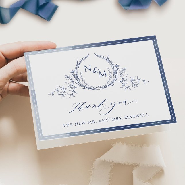 Elegant Navy Blue Monogram, Watercolor Wedding Thank You Card (Creator Uploaded)