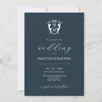 Elegant Navy Blue Monogram Wedding Invitations