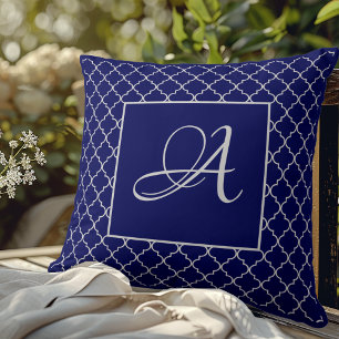 Elegant navy Blue Moroccan Damask Monogram Cushion