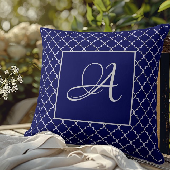 Elegant navy Blue Moroccan Damask Monogram Cushion (Creator Uploaded)
