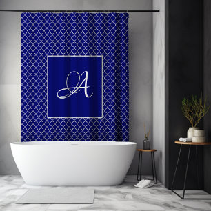 Elegant Navy Blue Moroccan Damask Monogram Shower Curtain