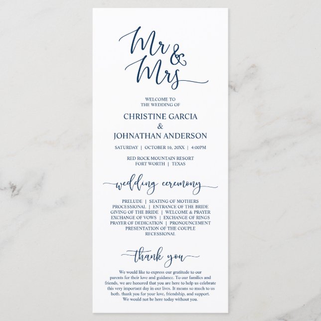 Elegant Navy Blue, Mr and Mrs, Wedding Ceremony Programme (Front)