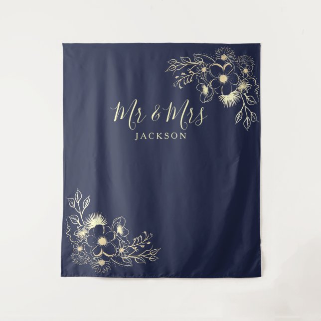 Elegant Navy Blue Mr. & Mrs. Wedding Backdrop Tapestry (Front)