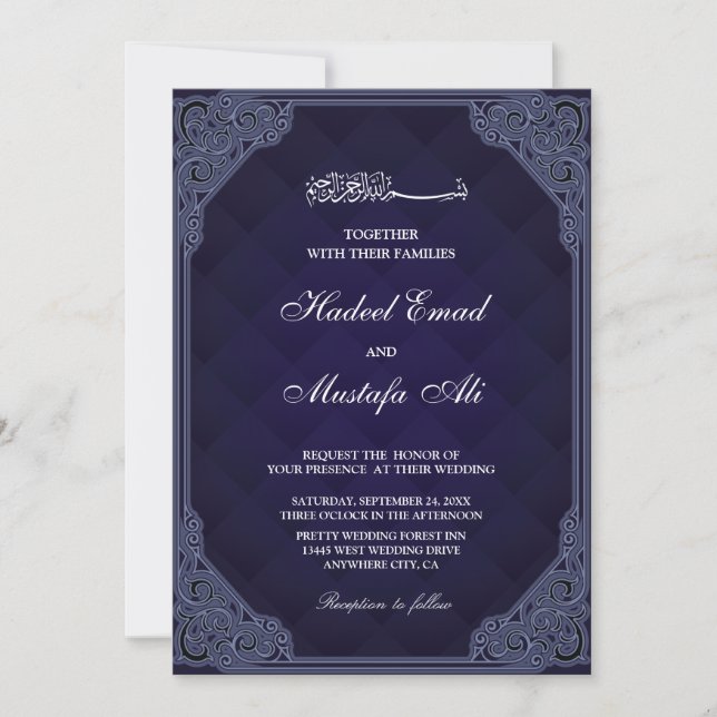 Elegant navy blue muslim wedding invitation (Front)