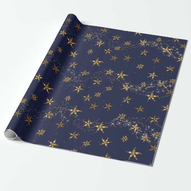 Elegant Navy Blue n Gold Snowflake Christmas Stars Wrapping Paper (Unrolled)