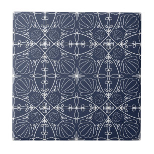 Elegant Navy Blue Nautical Abstract Seashells Tile