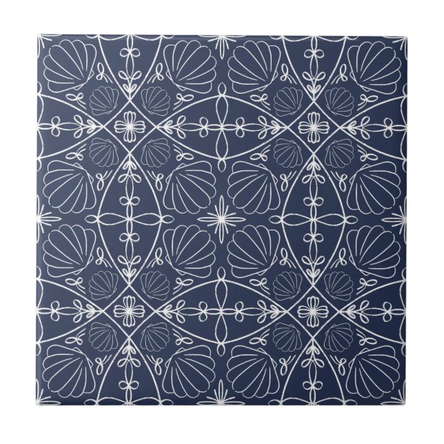 Elegant Navy Blue Nautical Abstract Seashells Tile (Front)