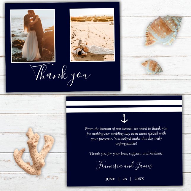 Elegant Navy Blue Nautical Anchor Wedding Photo Thank You Card (Front and Back)