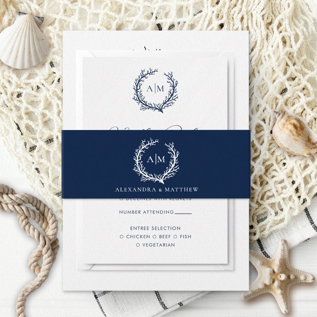 Elegant Navy Blue Nautical Coral Reef Wedding Invitation Belly Band (Creator Uploaded)