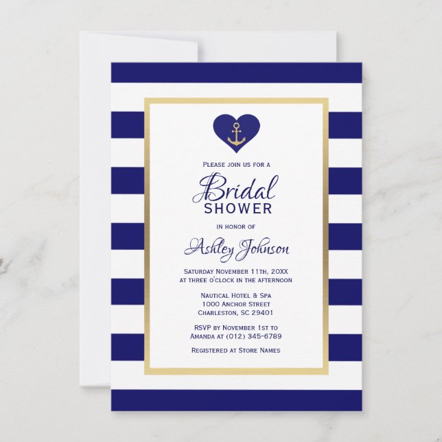 Elegant Navy Blue Nautical Wedding Bridal Shower Invitation (Front)
