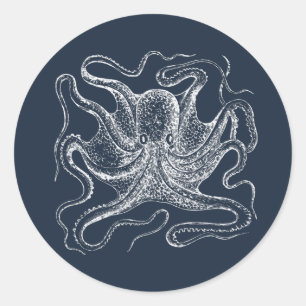 Elegant Navy Blue Octopus Illustration Classic Round Sticker