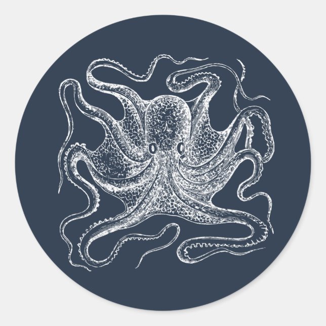 Elegant Navy Blue Octopus Illustration Classic Round Sticker (Front)