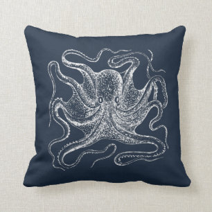 Elegant Navy Blue Octopus Illustration Cushion