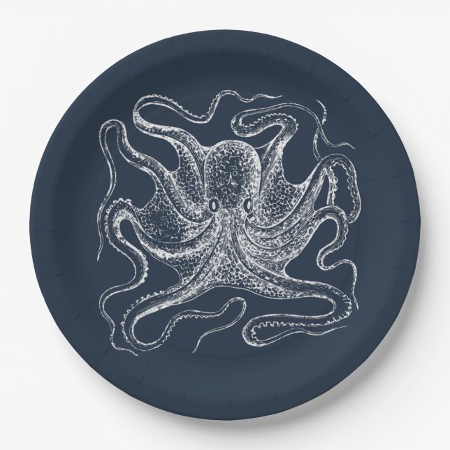 Elegant Navy Blue Octopus Illustration Paper Plate (Front)