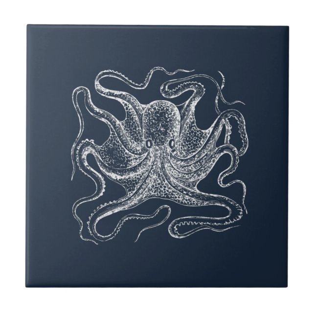 Elegant Navy Blue Octopus Illustration Tile (Front)