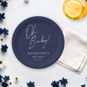 Elegant Navy Blue Oh Baby Baby Shower Paper Plate