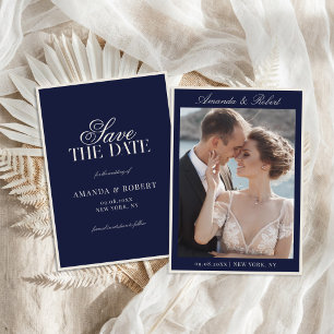Elegant Navy Blue Old Money Photo Wedding Save The Date