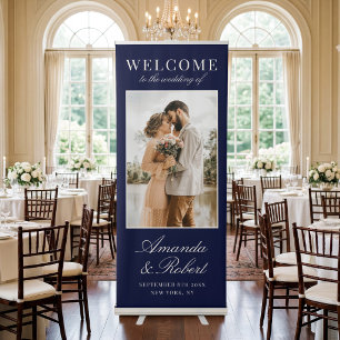 Elegant Navy Blue Old Money Photo Wedding Welcome Retractable Banner