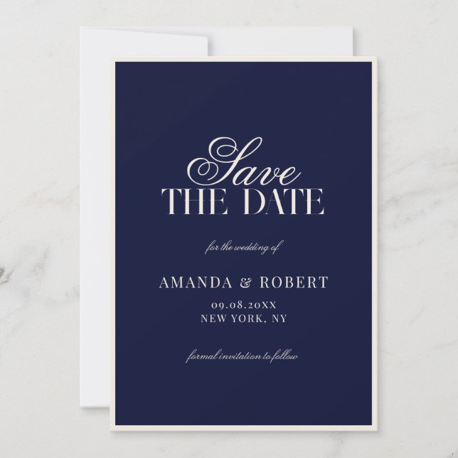 Elegant Navy Blue Old Money Wedding Save The Date (Front)
