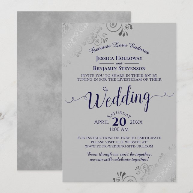 Elegant Navy Blue on Grey Wedding Livestream Invitation (Front/Back)