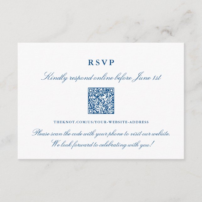 Elegant Navy Blue Online RSVP QR Code Enclosure Card (Front)
