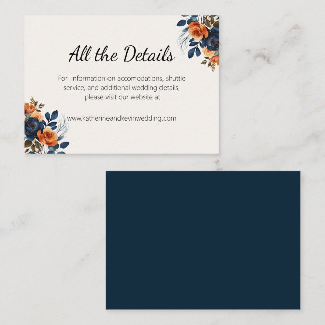 Elegant Navy Blue Orange Floral  Enclosure Card (Front/Back)