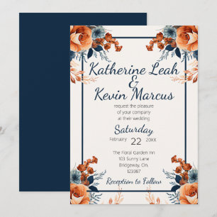 Elegant Navy Blue Orange Floral  Invitation