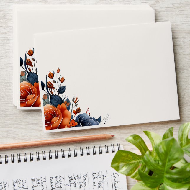 Elegant Navy Blue Orange Floral Wedding Envelope (Stacked)