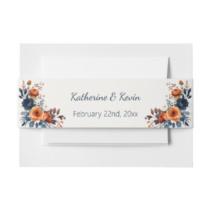 Elegant Navy Blue Orange Floral Wedding Invitation Belly Band