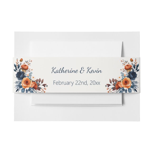 Elegant Navy Blue Orange Floral Wedding Invitation Belly Band (Front Example)