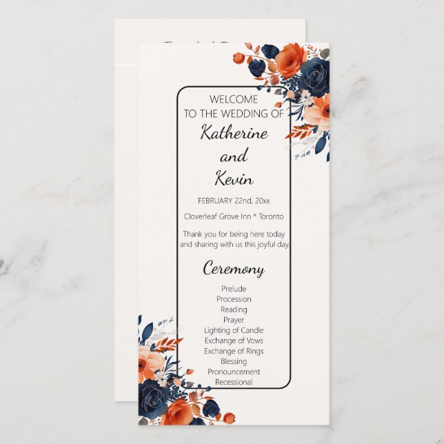Elegant Navy Blue Orange Floral Wedding Program (Front/Back)