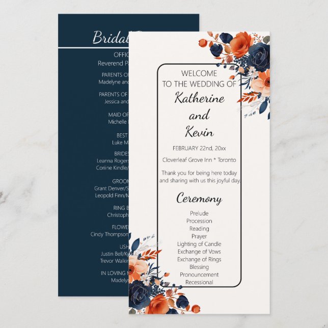 Elegant Navy Blue Orange Floral Wedding Program (Front/Back)